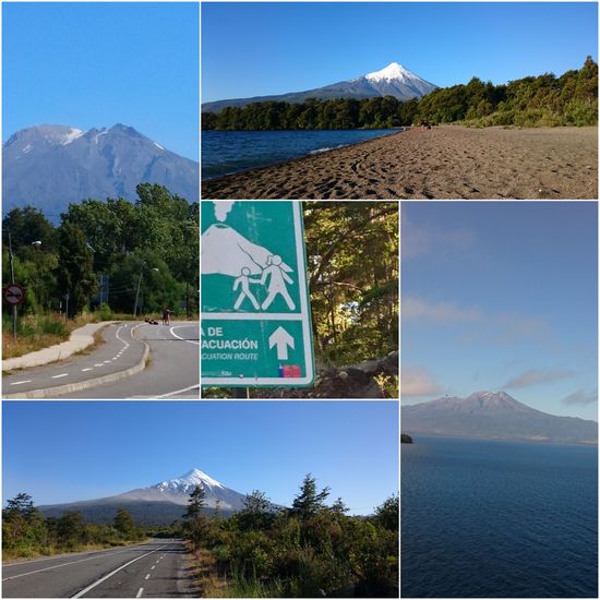Der Weg um den See Llanquihue. Wie Notausgänge gibt es Wegweiser zur Evakuierung bei Vulkanausbrüchen oder Tsunamis