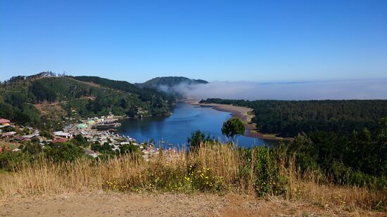 Es geht über einen Berg, aber der Pazifik hüllt sich in Nebel. Erst spät kann ich die Aussicht genießen