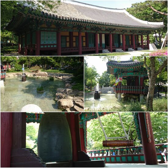 Park mit altem Tempel als Oase der Erholung in der modernen Stadt. Alle Bänke sind von älteren Menschen besetzt, die sich hier treffen