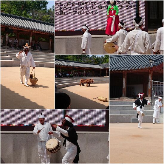 Maskenshow - Korea hat eine lange Maskentradition. Die Masken stehen für Schicksale von Personen bzw. für Sagen. Mit den Masken werden diese Szenen nachgespielt. Bei dieser Maskenshow wurden schamanische Weisheiten präsentiert mit der Kernaussage: wennn du glücklich bist, ist Gott auch glücklich. Nicht Besitz oder Wissen ist wichtig, sondern Glück. Der Schamanismus ist neben dem Christentum, dem Buddhismus und dem Konfuzianismus eine weitere Religion, die 8% der Bevölkerung ausüben. Nahezu 50% der Koreaner sind Atheisten
