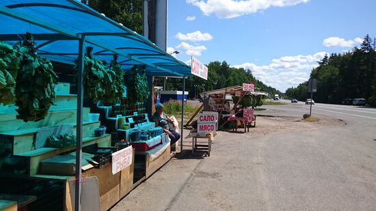 Am Straßenrand werden Fleisch, Fisch und Beeren verkauft