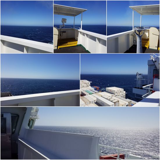 360° Meer und blauer Himmel - Ausblick von der Brücke des Schiffs