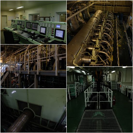 Der Maschinenraum- Über mehrere Etagen sind Zylinder, Kurbelwelle, Kühlung  und Steuerung  verteilt