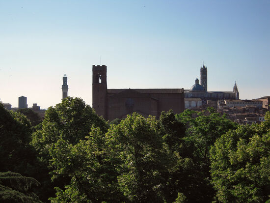 Blick von der Festung zur Torre del Mangia, S. Domenico und Dom