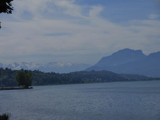 Im Hintergrund die schneebedeckten hohen Berge von Savoyen