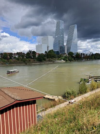 Rheinfähre und im Hintergrund die Roche Türme