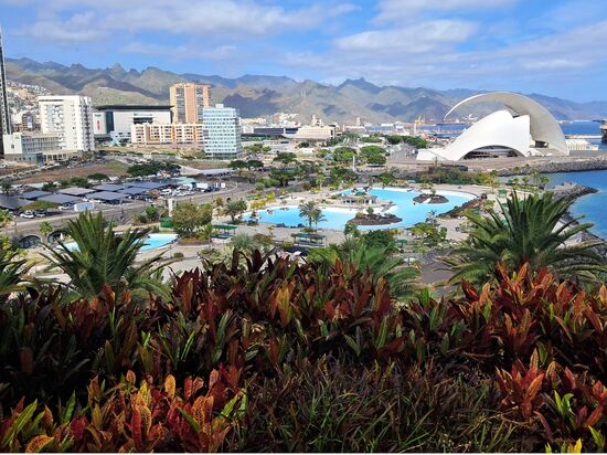 Blick vom Palmetum auf Meerwasserschwimmbecken und Auditorium