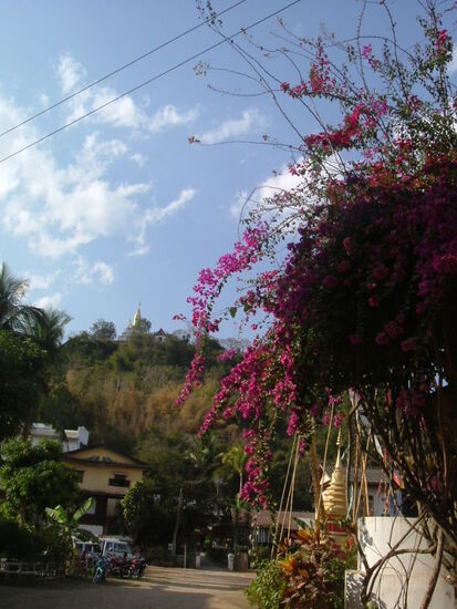 Im Hintergrund der Wat Chom Si mit 20 m hoher goldener Stupa auf dem Phousi Berg