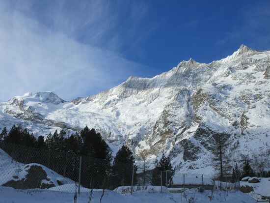 Die schneebdeckten Berge: Alphubel (4206 m), Täschhorn (4491 und Dom (4545 m)