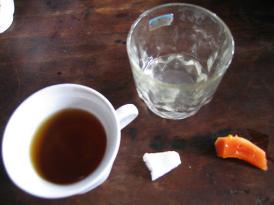 Zweites Fruehstueck: Tee, Papaya, Kokosnuss und -milch