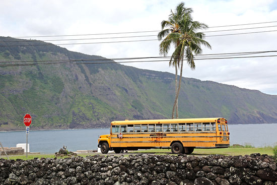 Mit einem alten Schulbus wurde unsere Gruppe durch die Siedlungen Kalaupapa und Kalawao geführt. Besucher der Leprasiedlung dürfen sich nicht alleine auf der Halbinsel bewegen, nur geführte Touren sind zulässig.