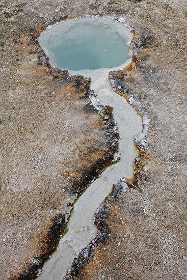 Aus dem See entspringt ein Fluss
Manche heisse Quellen sehen aus wie Landkarten. Hier ist ein See, aus dem ein Fluss entspringt. Wie gross ist der See und wie breit ist der Fluss? Dimensionen verschwimmen hier.