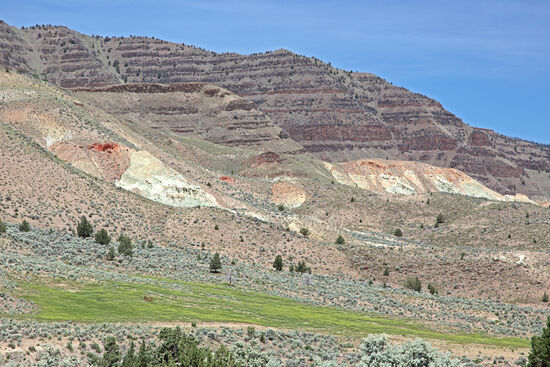 Schicht um Schicht wird durch Erosion in den John Day Fossil Beds freigelegt. Der Untergrund ist voller farbenfroher Mineralien, so dass die Berge zusammen mit der eher kargen Vegetation ein pastellfarbenes Traumland bilden.