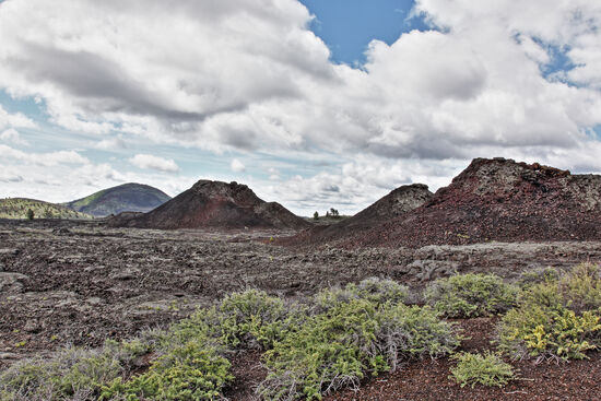 Wie auf einem anderen Planeten...
: ... wenn da im Frühling nicht noch das ein oder andere Grün aus dem Boden spriessen würde. Das Craters of the Moon National Monument ist wirklich nur im Frühling halbwegs irdisch. Im Winter fegen kalte Stürme über das Land und im Sommer herrschen Temperaturen von 40°C und darüber. Ausser im Mai kein bevorzugtes Urlaubsziel...