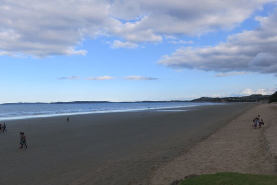 Blick von unserem Campingplatz auf den Strand von Orewa, unserem letzten Halt vor Auckland.