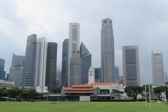 Im Vordergrund das Padang (nach englischem Vorbild das Common Green im Zentrum der Städte) für Paraden und Sportereignisse. Zum Beispiel hat der Singapore Cricket Club hier seinen Sitz. Hinter dem Asian Civilisations Museum die Bürotürme des Finanz- und Businessdistricts.