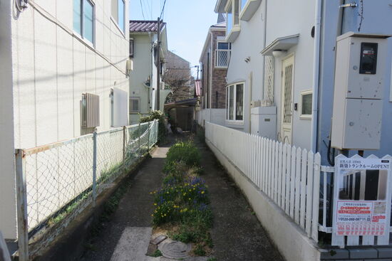 Ein schmaler Weg führt an den Häusern im vorderen Bereich zu unserer Wohnung.