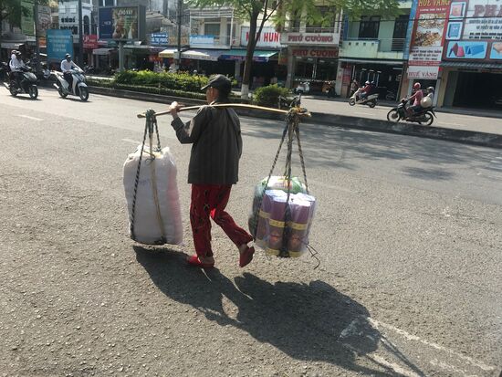 Vor allem die Frauen haben in Vietnam schwer zu tragen. Immer wieder konnten wir auf den Straßen diese Szenen beobachten.