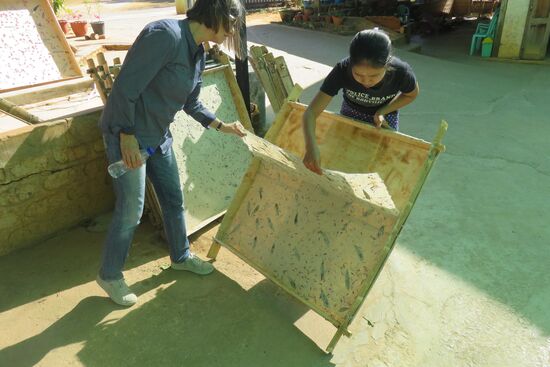 Die Masse wird in der Sonne getrocknet, bis das Papier abgezogen werden kann.