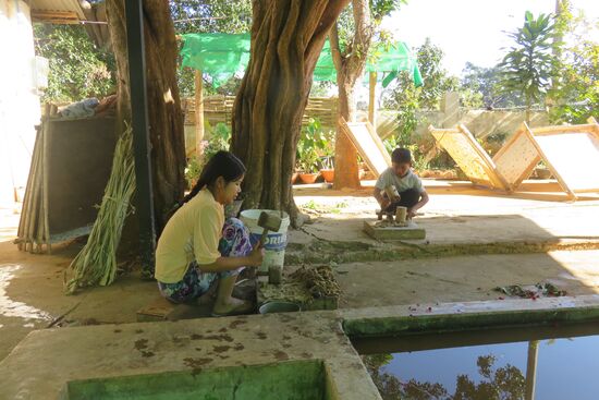 Hier wird das bekannte Blütenpapier der Shan hergestellt. Altes traditionelles Handwerk.. Hier wird die Rinde des Maulbeerbaumes weich geklopft. Im Hintergrund sind die Rahmen für die Papiertrocknung zu sehen.