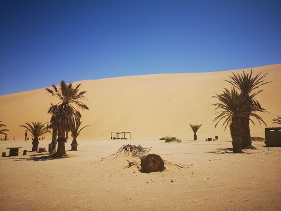 Das Stadtzentrum befindet sich unmittelbar an der Namib Wüste,  in der Winde Dünen bis zu 388 Meter aufgetürmt haben. Die Düne 7 wenige Kilometer vom Stadtzentrum entfernt misst ca 150 Meter.