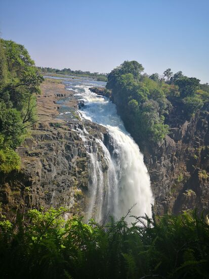 So kommt der Sambesi ruhig angeflossen und tost dann in die Tiefe. Die Inseln im Fluss sollen zur Regenzeit vollständig überschwemmt sein.