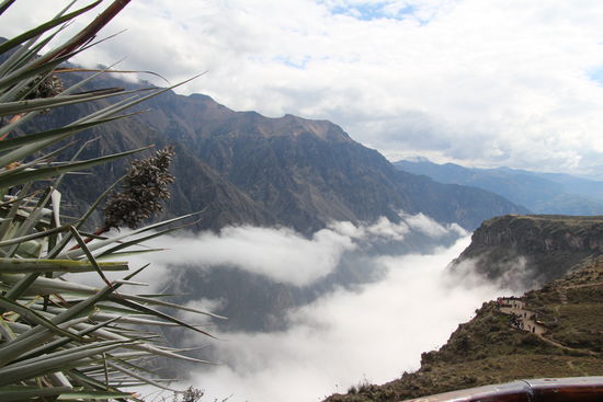 Unter einer Schicht von Wolken, blickt man von oben herab auf das tiefe Tal.
