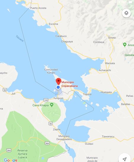 Hier etwas besser zun sehen die Lage Copacabanas am Titicacasee.