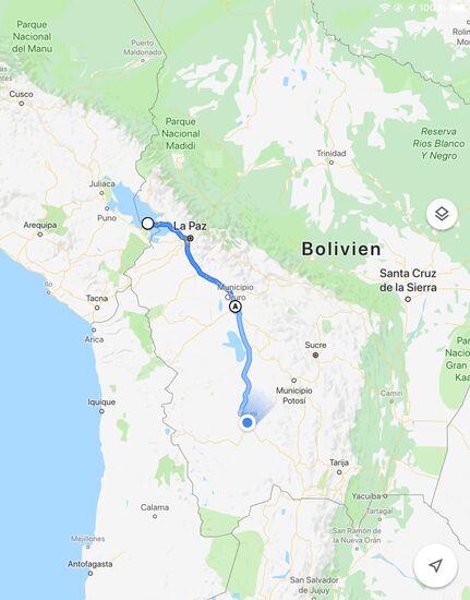 .Die Fahrt von Copacabana nach Uyuni mit einer Zwischenübernachtung in Oruro.