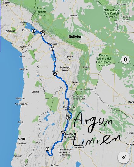 Hier meine Route seit dem ich Copacabana am Titicacsee verlassen habe. Es ging über La Paz nach Oruro, von dort aus nach Uyuni. Unweit der Grenze zu Argentinien verbrachte ich eine Nacht im Zelt, bevor es weiter nach Salta in Argentinien ging. Von dort verlegte ich nach Cafayate und weiter nach Fiambala zu den heißen Quellen. Im Moment befinde ich mich auf der Ruta 40 in südlicher Richtung.