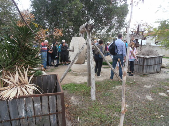 Die Reisegruppe besichtigt eine antike Ölmühle im Dorf Büyükkonuk