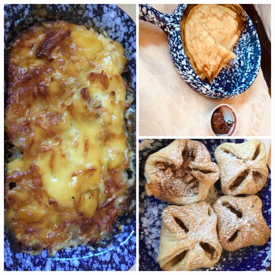 unser lecker Frühstück, links Pellmeni mit Tomaten und Zwiebeln und irgendeine cremige Soße im Ofen überbacken ganz lecker, Pancakes mit Nutella und Blätterteigteilchen....