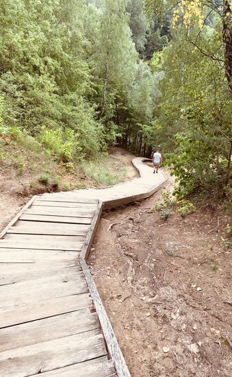 Puh heute ist es echt wirklich warm und schwül, wir verschnaufen kurz und gehen eine Holztreppe wieder nach unten.