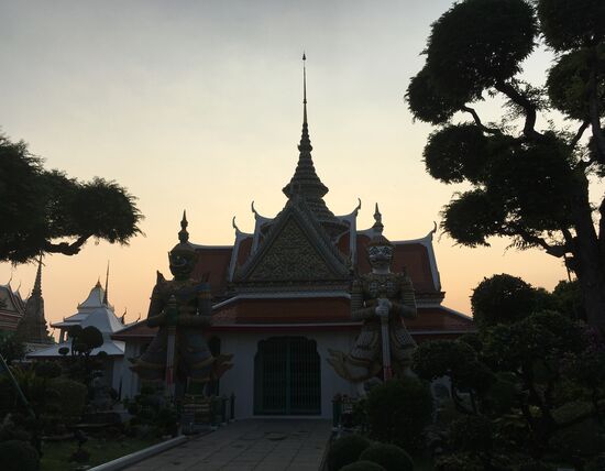 Nördlich des Phra Prang befindet sich das Eingangsportal zum Ubosot, welches aus einem barocken, mit einer Krone (Mongkut) gedeckten Einlasspforte besteht. Sie ist mit farbiger Keramik und Stuck verziert und von zwei Zellen flankiert, in denen Statuen von zwei Männern stehen, Nai Ruang und Nai Nok, die im Ruf besonderer Frömmigkeit standen. Vor dem Portal befinden sich zwei riesige mit Fayencen überkleidete Wächterstatuen (Yakshas). Sie entsprechen den Statuen, die im Wat Phra Kaeo die Eingänge bewachen.