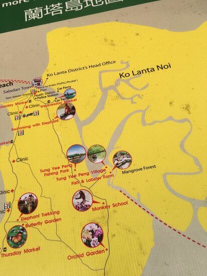 Unsere heutige Route in den Mangrovenwald eine kleine Bootsfahrt machen, in die Affenschule und die Elefanten besuchen und nach Ko Lanta Noi mal abbiegen.. da ist auch der Nationalpark, da gehen wir aber morgen durch zum Leuchtturm ...