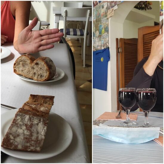 Hier ist "eine Scheibe Brot " eine Familienportion. Vom Wein hatten wir schon etwas angetrunken, als das Foto entstand!!