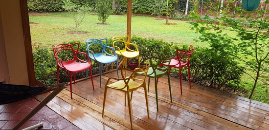 Die Terrassenstühle.... Und wie immer, der Tisch brauchte halt wieder mal drei Tage länger als gesagt und kam nicht wie bestellt. Please: between 78 and 82 cm. Tisch kommt: 88cm hoch... Naja, besser als zu niedrig... Wird dann einfach ratzfatz mit der Handsäge gekürzt!