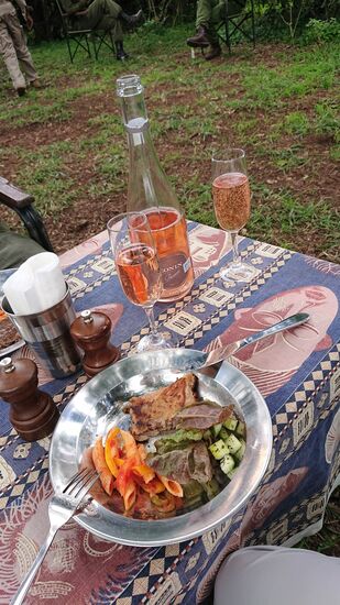 Mittagessen mitten im Wald (natürlich mit Prickelwasser!)