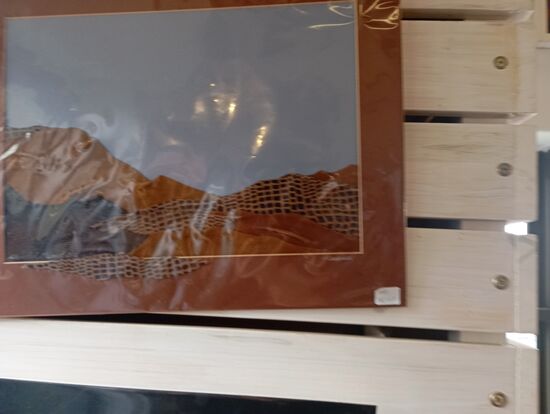 in Leder eingegerbte Bilder von Wüstenlandschaften, wie man sie südlich von Walfishbay befahren kann. Es wurde keine Farbe verwendet, nur unterschiedliche Gerbstoffe, die die Färbung im Bild hervorrufen. Und vielleicht ein paar eingeklebte Steine