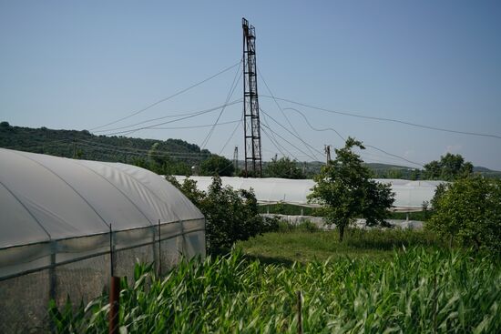 rostige Gittermaste schmücken das Dorfbild von Kuçova