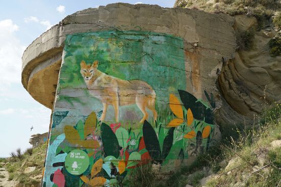 ein Bunkereingang mit einem Wolfsmotiv gestaltet