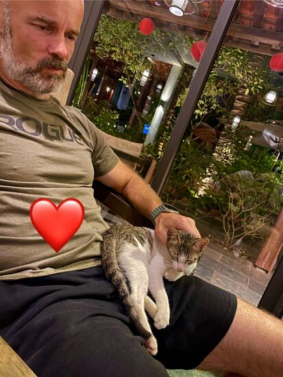 Die Wartezeit wird versüßt durch einen süßen kleinen Kater der viel schmusen und spielen will 