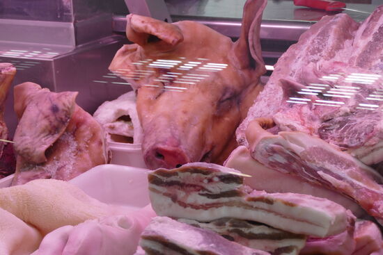 Kurzer Blick in die Auslage der Markthalle von Santiago de Compostela - die bislang schönste auf unserer Route!