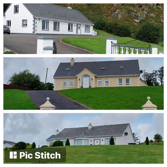 Typische irische Bungalows mit riesigen geteerten Auffahrten; grosser, gepflegter Rasenfläche- wenig Blumen, kaum Sträucher oder Bäume manchmal Hortensien, Koniferen oder Blumentöpfe... Die Gärten sind überwiegend sehr pflegeleicht angelegt!