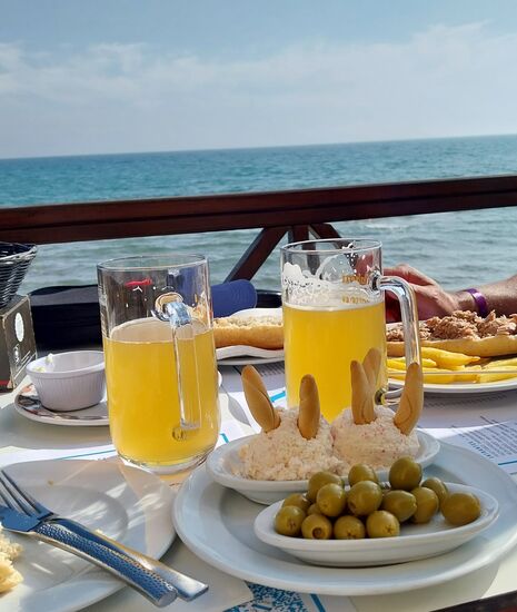In den zahlreichen Restaurants-oft direkt am Meer wie hier in La Marina- lässt es sich gut und günstig speisen. Ein großes Clara (Bier/Cerviza mit lemon ähnlich unserem Radler) kostet ca.3,50€ und Tapas dazu z.B Oliven 2€, Tomatenbrot 2€, Potatas (geröstete Kartoffeln) 4€, Ensalada de bocas/ Krabbensalat 5 €... -köstlich!
