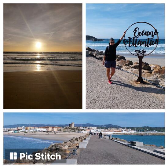 Blick auf Tarifa (unteres Bild) auf dem Weg zur vorgelagerten Insel: magischer Moment  rechts das Mittelmeer und links der Atlantik, der gleich mehr Wellengang hat und einen grandios breiten Strand