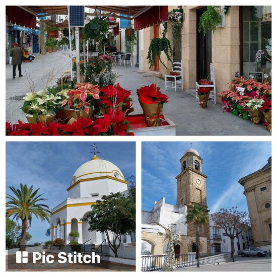 Chiclana de la fontera: St. Anna Wallfahrtskirche-oben auf dem Berg thront sie über der Stadt (Bild links unten), Glockenturm am plaza mayor (Bild rechts unten).
