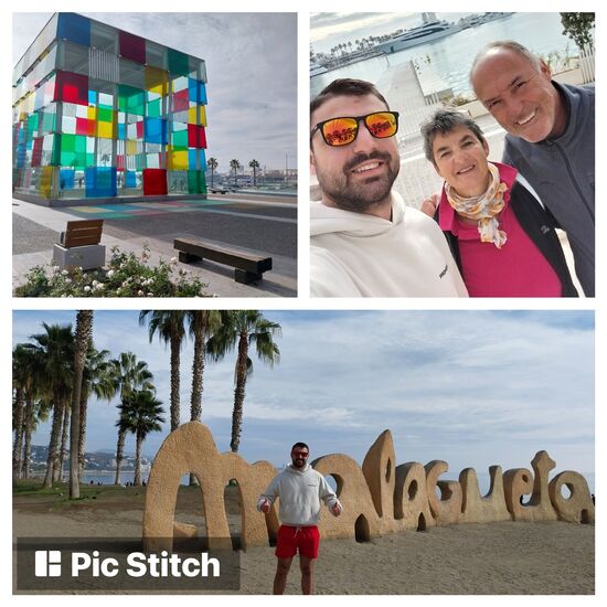 Nächster Ausflug geht mit der Bahn nach Malaga (ca.3 € pro Person von Benalmádena): Wir streifen durch Malaga- Hafenbereich mit Museum Pompidou und Strand Malagueta