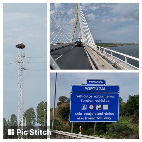 Überall Störche im Grenzgebiet- bestimmt auf 20 Strommasten hintereinander sind Störchennester! Bei soviel Ablenkung übersehen wir das Schild mit den elektronischen Mautgebühren. Wir wurden geblitzt- Bußgeld dafür liegt so zwischen 25 - 125 Euro! Mal sehen,  was da zu Hause im Briefkasten so landet- nun fahren wir nur noch auf portugiesischen Landstraßen....