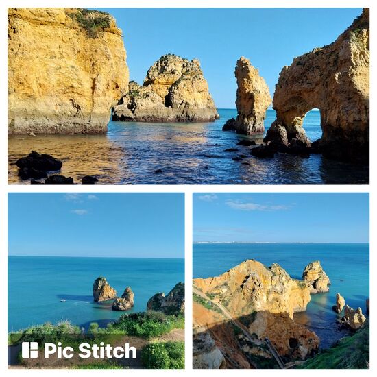 Felsformationen beim Ponta da Piedade/ Lagos:
Man wandelt auf kilometerlangen Holzstegen mit traumhaften Aussichtspunkten entlang und kann auch über Treppen zum Wasser heruntersteigen.